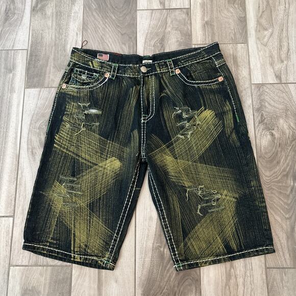 True Religion Made In USA Joey Super T Jean Shorts Jorts Size 42 Green Blue 15” - Picture 4 of 8